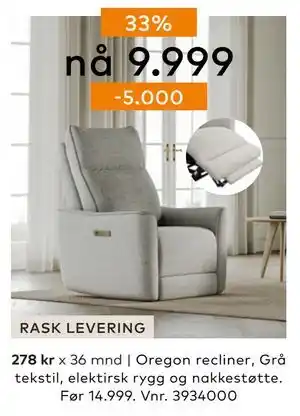 Skeidar Oregon recliner, NOK 9999 tilbud