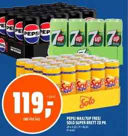 Obs Bygg Pepsi max/7up free/ solo super brett 20 pk tilbud