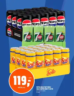 Obs Bygg Pepsi max/7up free/ solo super brett 20 pk tilbud
