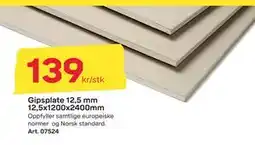 Byggmax Gipsplate 12,5 mm 12,5x1200x2400mm, NOK 139 tilbud