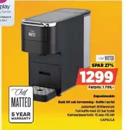 POWER Chet MATTEO Kapselmaskin Rask 90 sek forvarming - Kaffe i en fel tilbud