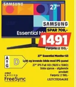 POWER SAMSUNG 27" Essential Monitor $3 D Lyst og levende bilde med IPS-panel tilbud