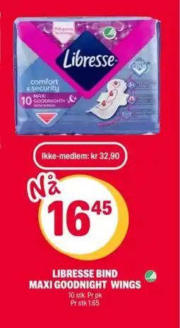 Coop Extra LIBRESSE BIND MAXI GOODNIGHT WINGS, NOK 32.9, Medlemspris tilbud
