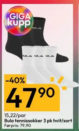 Gigaboks Bula tennissokker 3 pk hvit/sort, NOK 47.9 tilbud