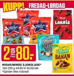 Europris NIDAR/MINDE SJOKOLADE, NOK 80 tilbud