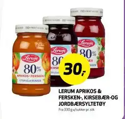 Bunnpris LERUM APRIKOS & FERSKEN-, KIRSEBÆR-OG JORDBÆRSYLTETØY, NOK 30 tilbud