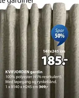 JYSK KVIFJORDEN gardin, NOK 185 tilbud