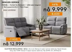 Skeidar Denver 3-seter recliner elektrisk, NOK 12999 tilbud