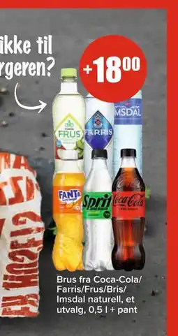 Spar Brus fra Coca-Cola/ Farris/Frus/Bris/ Imsdal naturell, NOK 18 tilbud