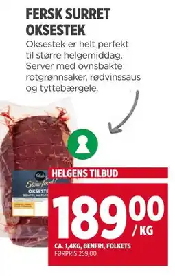 Meny FERSK SURRET OKSESTEK, NOK 189 tilbud