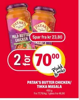 Coop Extra PATAK’S BUTTER CHICKEN/ TIKKA MASALA, NOK 70 tilbud