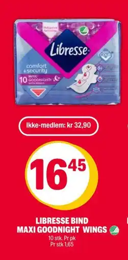 Coop Extra LIBRESSE BIND MAXI GOODNIGHT WINGS, NOK 32.9, Medlemspris tilbud