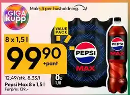 Gigaboks Pepsi Max 8 x 1,5 l, NOK 99.9 tilbud