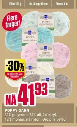 Europris POPPY GARN, NOK 41.93 tilbud