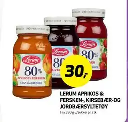 Bunnpris LERUM APRIKOS & FERSKEN-, KIRSEBÆR-OG JORDBÆRSYLTETØY, NOK 30 tilbud