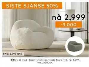 Skeidar Comfy stol stor, NOK 2999 tilbud