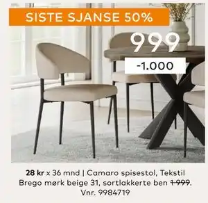 Skeidar Camaro spisestol, NOK 999 tilbud