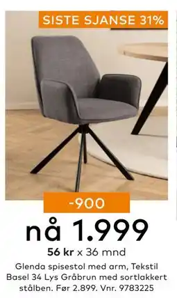 Skeidar Glenda spisestol med arm, NOK 1999 tilbud