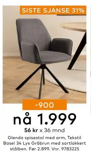 Skeidar Glenda spisestol med arm, NOK 1999 tilbud