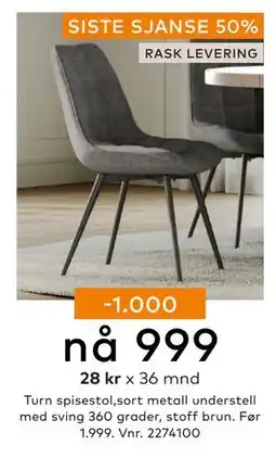 Skeidar Turn spisestol, NOK 999 tilbud