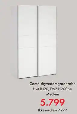 Fagmøbler Como skyvedørsgarderobe, NOK 7299, Medlemspris tilbud