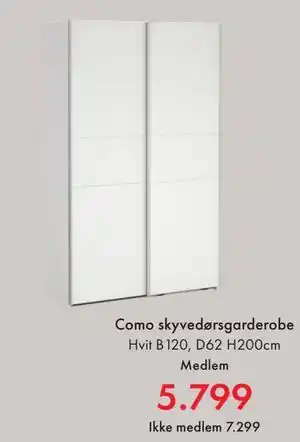 Fagmøbler Como skyvedørsgarderobe, NOK 7299, Medlemspris tilbud