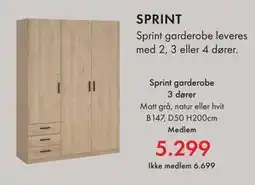 Fagmøbler Sprint garderobe 3 dører, NOK 6699, Medlemspris tilbud