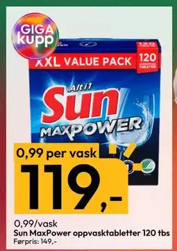 Gigaboks Sun MaxPower oppvasktabletter 120 tbs, NOK 119 tilbud
