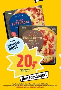 Coop Prix Coop Proscuttio Bianca pizza/Coop pepperoni pizza, Medlemspris tilbud