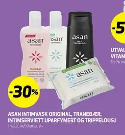 Bunnpris ASAN INTIMVASK ORIGINAL, TRANEBÆR, INTIMSERVIETT UPARFYMERT OG TRIPPELDUSJ tilbud