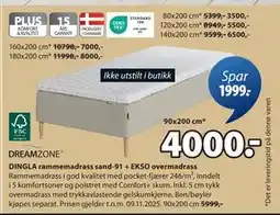 JYSK DINGLA rammemadrass sand-91 + EKSO overmadrass, NOK 4000 tilbud