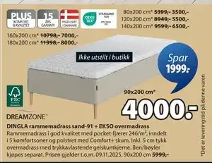 JYSK DINGLA rammemadrass sand-91 + EKSO overmadrass, NOK 4000 tilbud