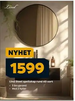 Megaflis Lind Steel speilskap rund 60 sort, NOK 1599 tilbud
