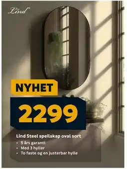 Megaflis Lind Steel speilskap oval sort, NOK 2299 tilbud