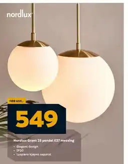 Megaflis Nordlux Grant 25 pendel E27 messing, NOK 549 tilbud