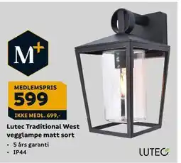 Megaflis Lutec Traditional West vegglampe matt sort, NOK 699, Medlemspris tilbud