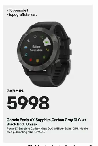 XXL Sport Garmin Fenix 6X,Sapphire,Carbon Gray DLC w/ Black Bnd, Unisex tilbud