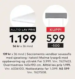Skeidar Overmadrass 140x190 cm, NOK 1199 tilbud