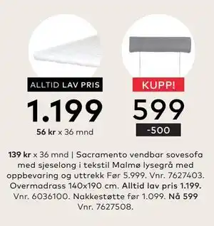 Skeidar Overmadrass 140x190 cm, NOK 1199 tilbud