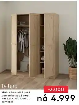 Skeidar Billund garderobeskap 3 dørs, NOK 4999 tilbud