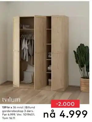Skeidar Billund garderobeskap 3 dørs, NOK 4999 tilbud