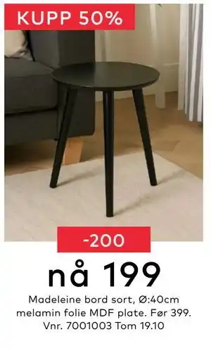 Skeidar Madeleine bord sort, NOK 199 tilbud