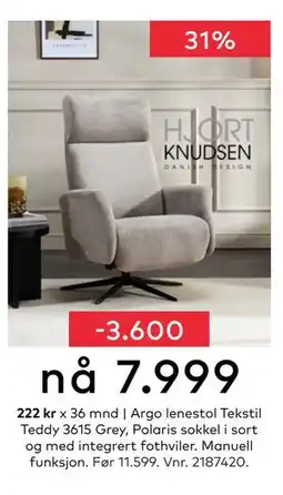 Skeidar Argo lenestol Tekstil Teddy 3615 Grey, NOK 7999 tilbud