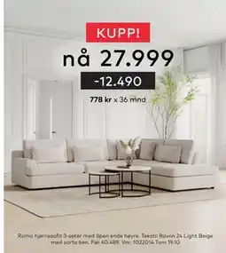 Skeidar Roma hjørnesofa 3-seter med åpen ende høyre, NOK 27999 tilbud