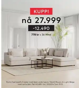 Skeidar Roma hjørnesofa 3-seter med åpen ende høyre, NOK 27999 tilbud