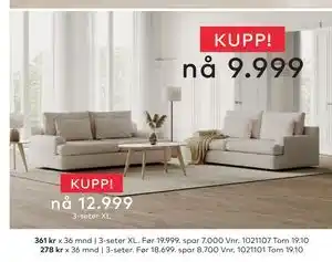 Skeidar 3-seter, NOK 9999 tilbud