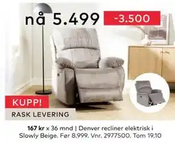 Skeidar Denver recliner elektrisk i Slowly Beige, NOK 5499 tilbud