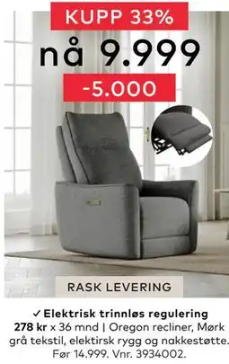 Skeidar Oregon recliner, NOK 9999 tilbud