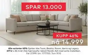 Skeidar Ask hjørnesofa, NOK 14999 tilbud
