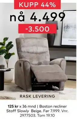 Skeidar Boston recliner Stoff Slowly Beige, NOK 4499 tilbud
